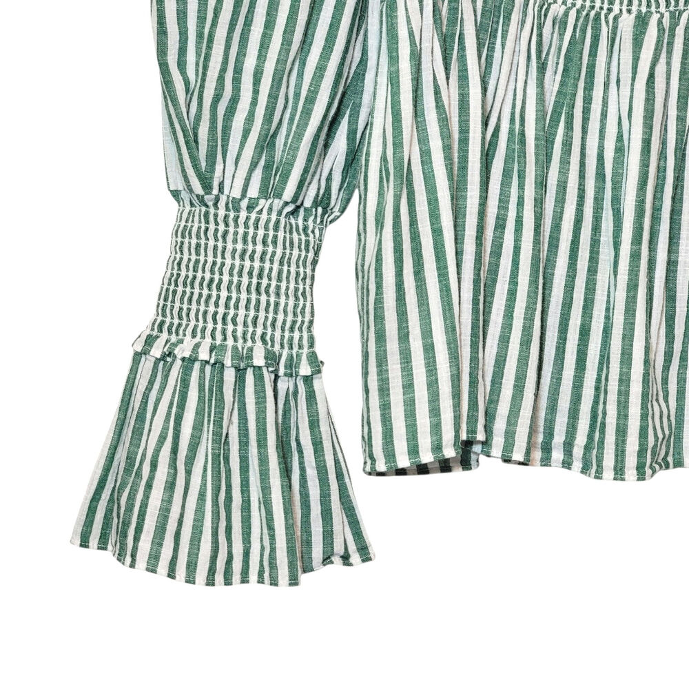 Cinq à Sept Adly Green White Stripe Smocked Puff Sleeve Peplum Top M - Picture 6 of 15